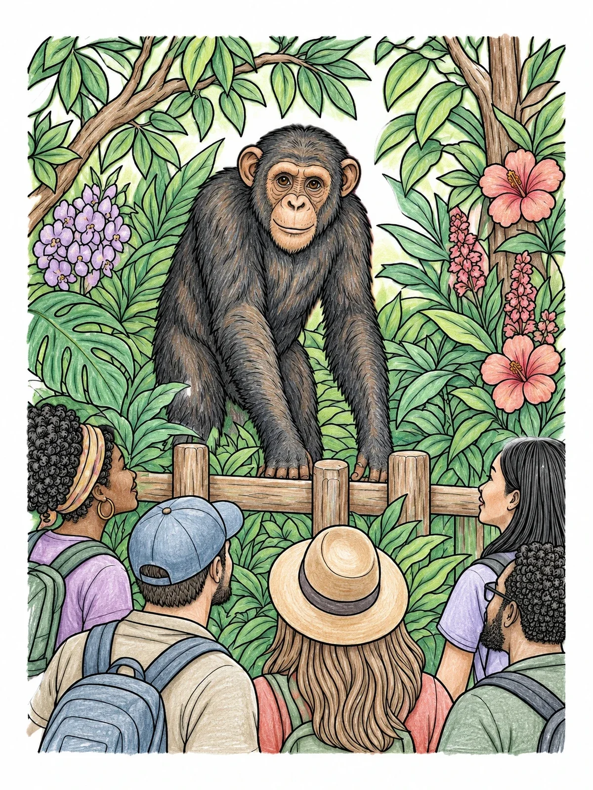 Colored example of the Chimpanzee Watching Visitors At Zoo Fence coloring page