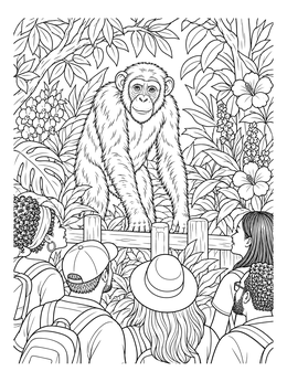 Visitors observe an alert chimpanzee in this detailed zoo coloring page.