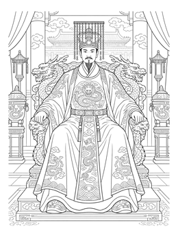 A china coloring page showing an ancient emperor seated on an ornate dragon throne in traditional imperial robes.