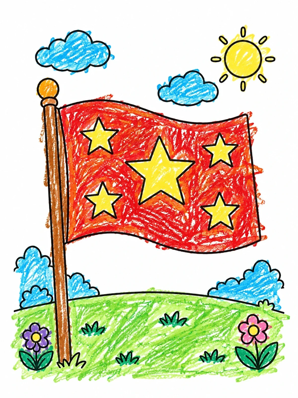 Colored example of the Five Star Flag In The Meadow coloring page