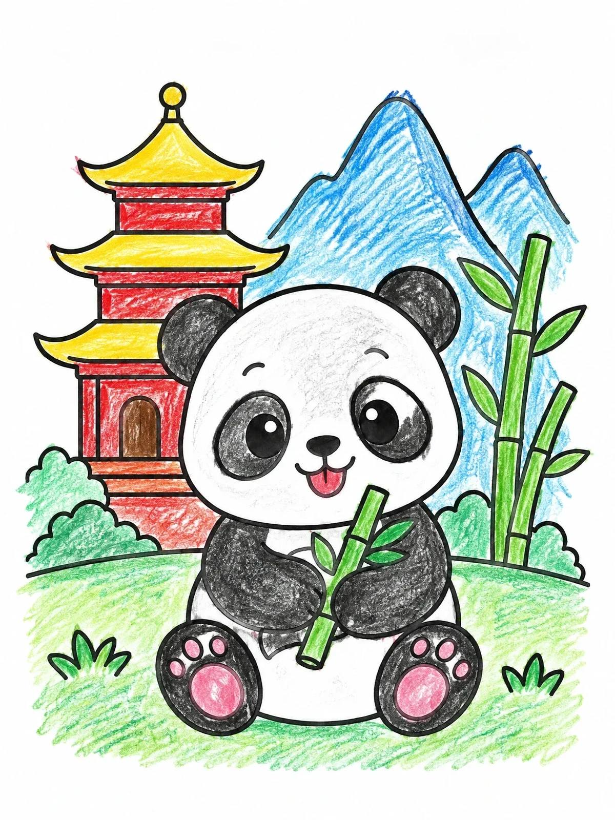 Colored example of the Cute Panda With Pagoda And Bamboo coloring page