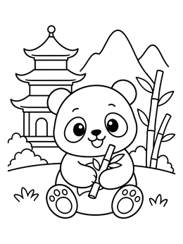 Free printable Cute Panda With Pagoda And Bamboo coloring page