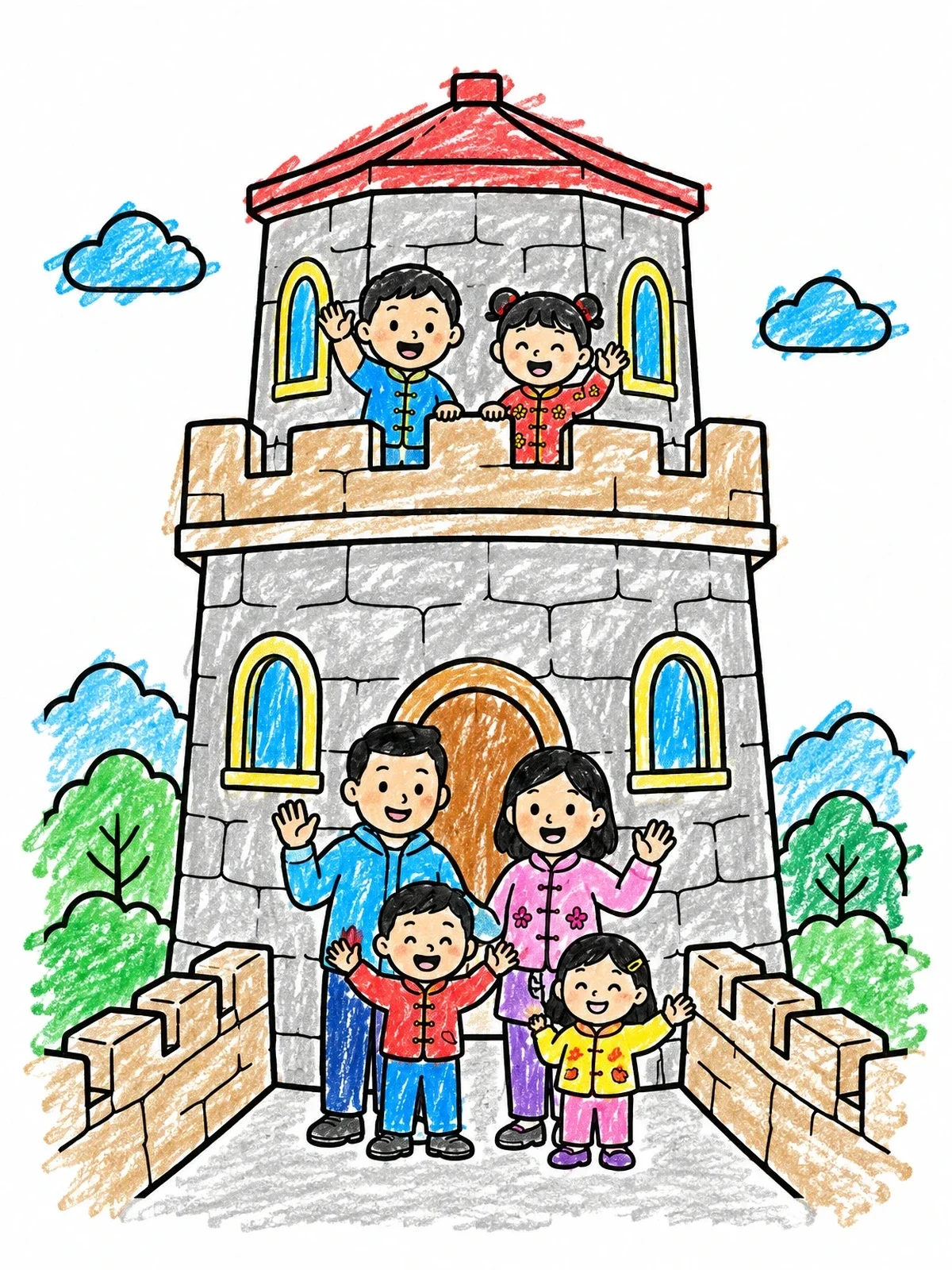 Colored example of the Family Visiting The Great Wall Watchtower coloring page