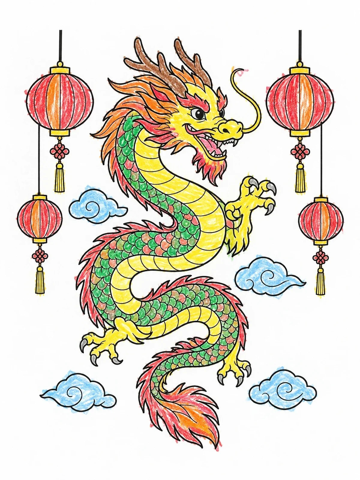 Colored example of the Festive Chinese Dragon With Lanterns coloring page