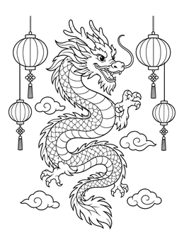 Free printable Festive Chinese Dragon With Lanterns coloring page
