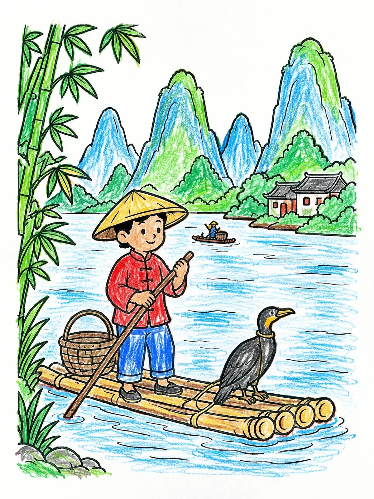 Colored example of the Fisherman On Li River Bamboo Raft coloring page