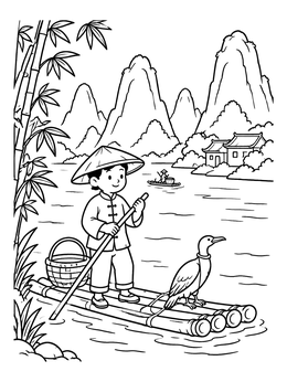 Free printable Fisherman On Li River Bamboo Raft coloring page