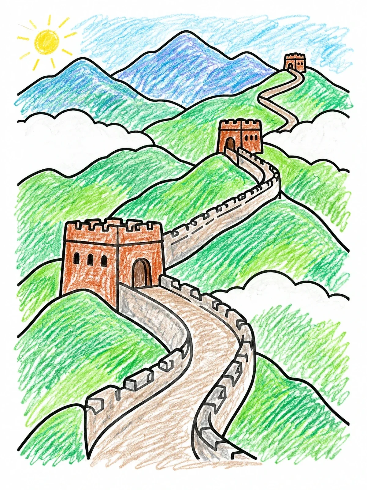 Colored example of the Great Wall Across Mountain Ridges coloring page