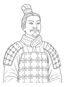 Ancient terracotta army warrior with plate armor on a china coloring page.
