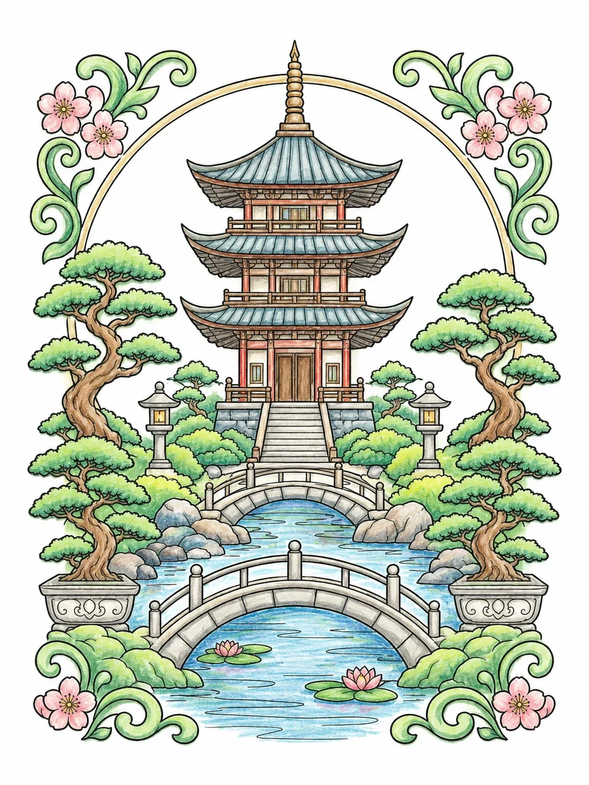 Colored example of the Traditional Pagoda In Serene Garden coloring page
