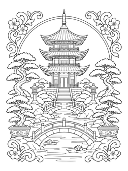 A detailed pagoda and arched bridges feature in this tranquil china coloring page.