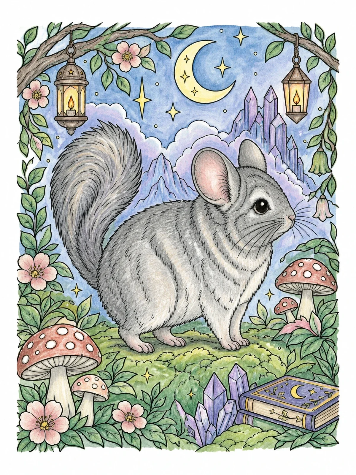 Colored example of the Fluffy Chinchilla In Enchanted Night Forest coloring page