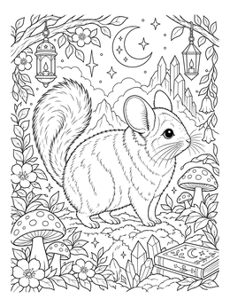 Free printable Fluffy Chinchilla In Enchanted Night Forest coloring page
