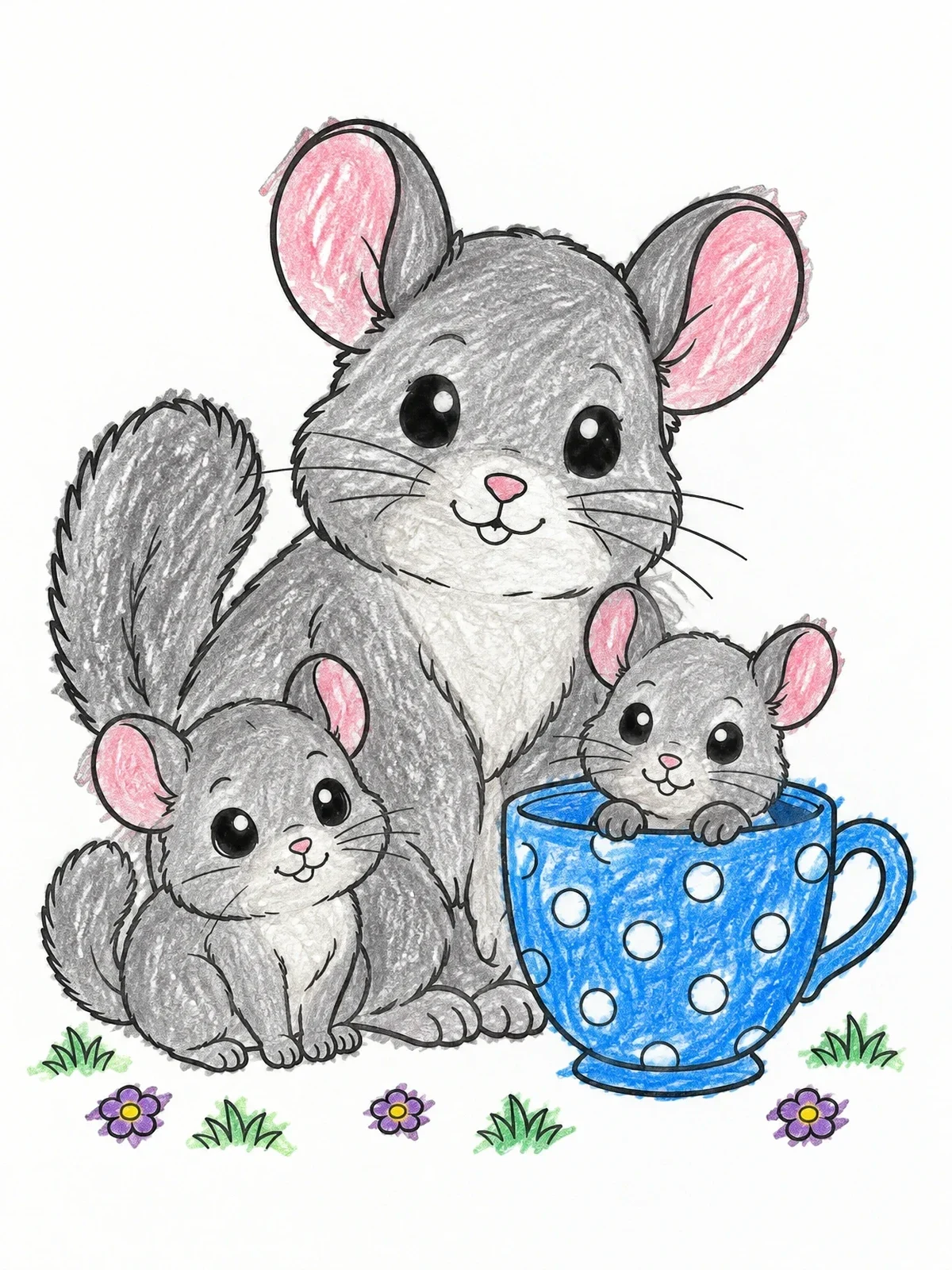 Colored example of the Cute Chinchilla Family With Teacup coloring page