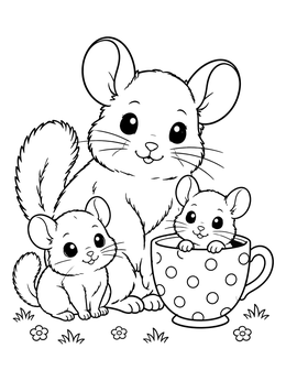 Free printable Cute Chinchilla Family With Teacup coloring page