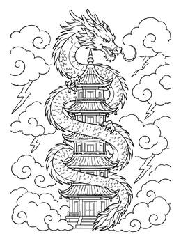 A detailed chinese dragon coloring page featuring a mythical serpent coiled around a traditional pagoda tower.