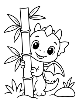 Free printable Cute Baby Dragon Behind Bamboo coloring page