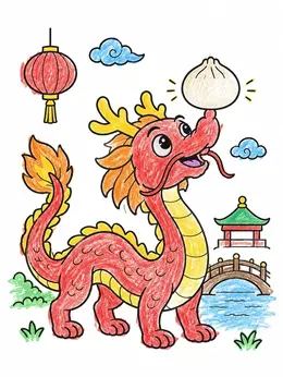 Cute Dragon Balancing A Soup Dumpling – Chinese Dragon Coloring Page