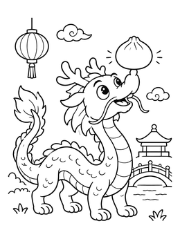 Free printable Cute Dragon Balancing A Soup Dumpling coloring page