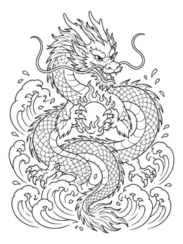 A detailed chinese dragon coloring page holding a flaming pearl over ocean waves.