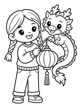 Free printable Girl Holding Lantern With Baby Dragon coloring page