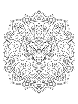 A detailed chinese dragon coloring page inside an ornate circular medallion.