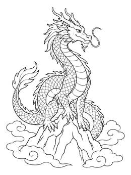 A majestic Chinese dragon coloring page perched atop a rocky mountain surrounded by swirling clouds.