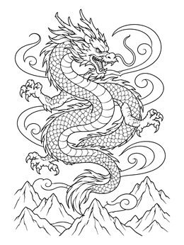 Majestic chinese dragon coloring page soaring with sharp claws above jagged mountain peaks.