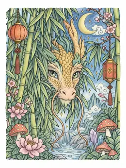 Dragon Peeking Through Bamboo Leaves – Chinese Dragon Coloring Page