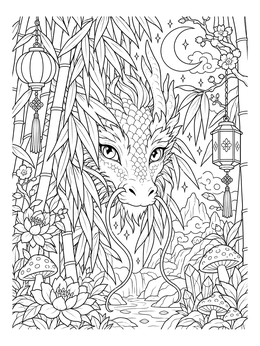Intricate chinese dragon coloring page with a mythical face amidst lush bamboo and lanterns.