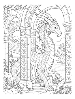 A chinese dragon coloring page featuring a horned dragon walking through ornate stone archways by the coast.