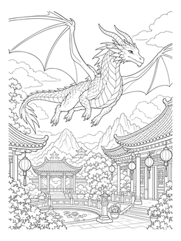 A detailed chinese dragon coloring page depicting a horned dragon flying over traditional pavilions and gardens.