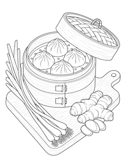 Free printable Bamboo Steamer With Steamed Dumplings coloring page