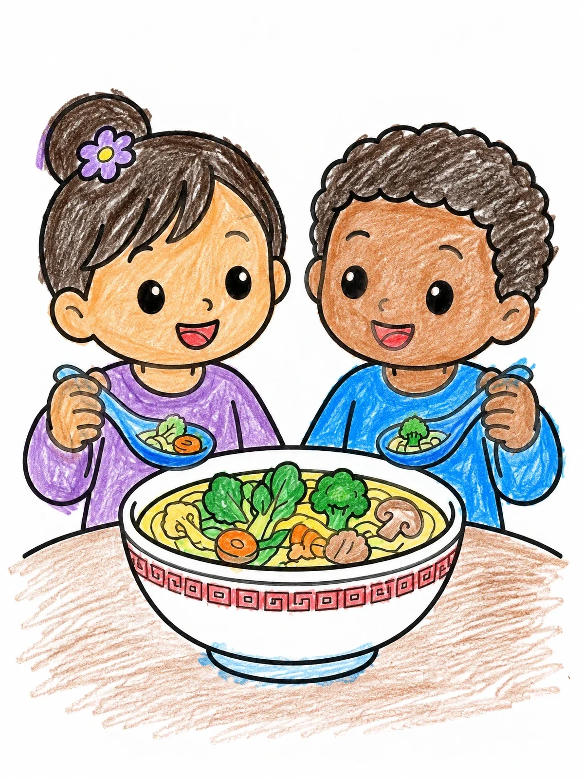 Colored example of the Children Sharing Noodle Soup coloring page