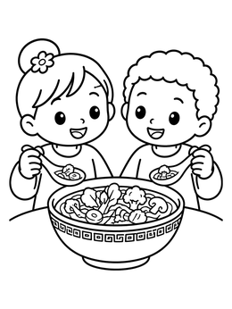 Free printable Children Sharing Noodle Soup coloring page