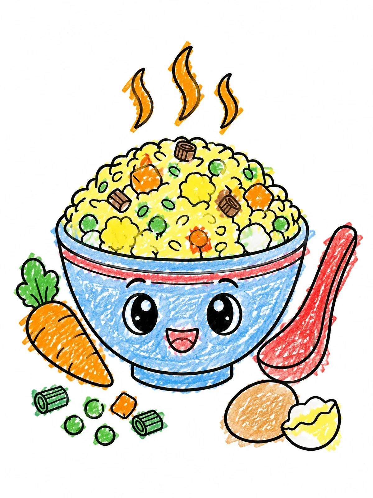 Colored example of the Cute Kawaii Fried Rice Bowl coloring page
