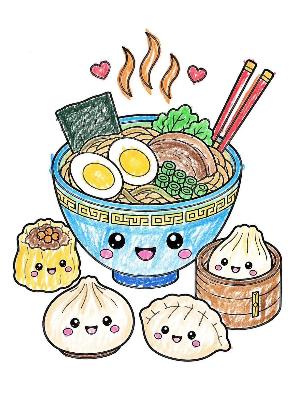 Colored example of the Cute Noodle Bowl And Dim Sum coloring page