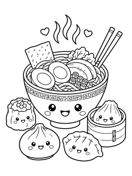 Free printable Cute Noodle Bowl And Dim Sum coloring page