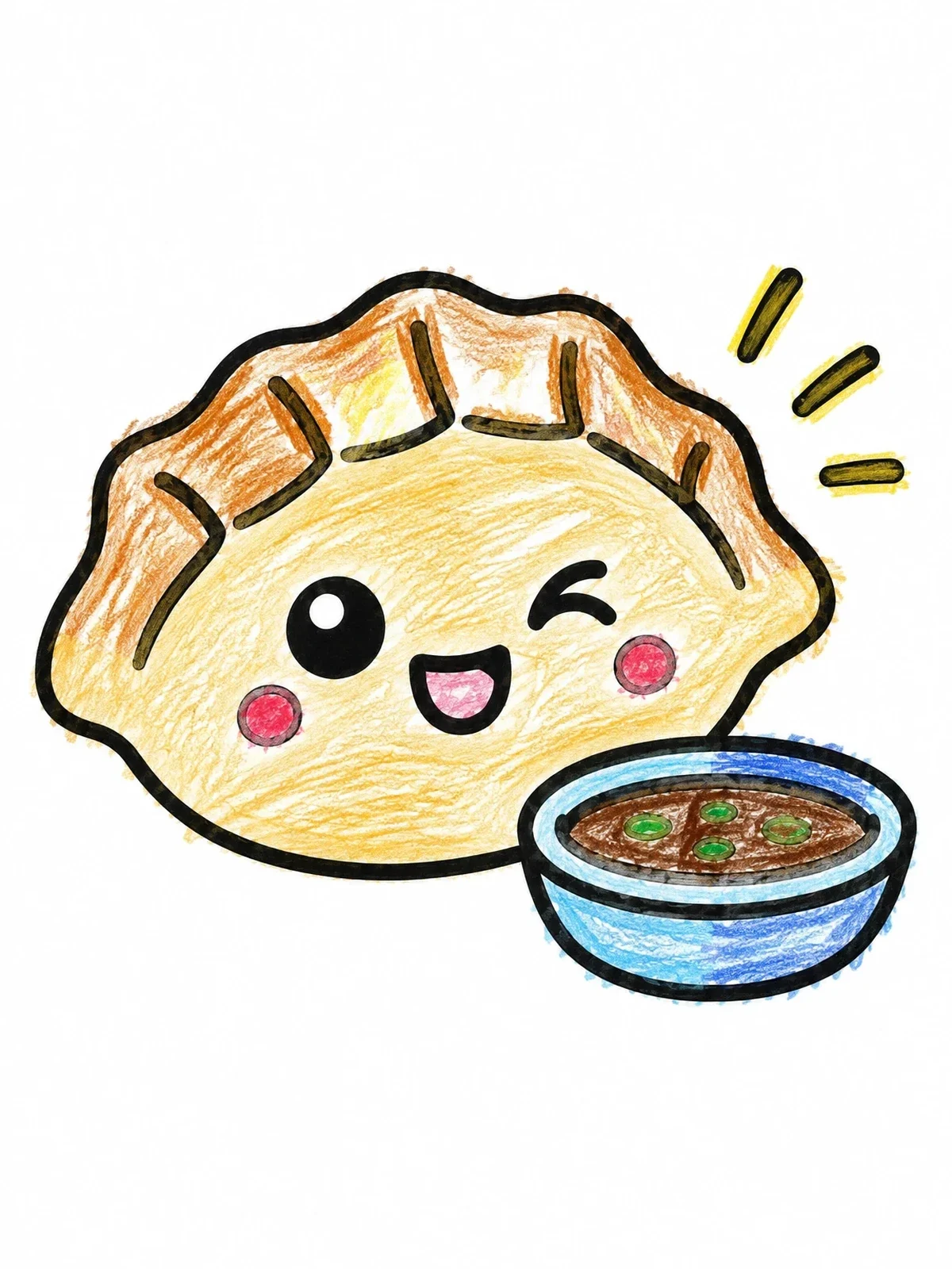 Colored example of the Cute Winking Dumpling And Dipping Sauce coloring page