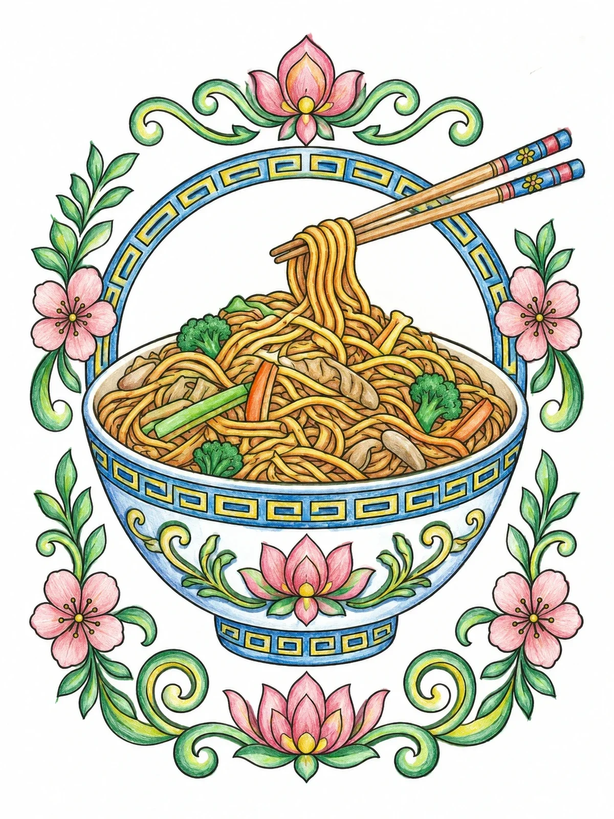 Colored example of the Decorative Bowl Of Chow Mein Noodles coloring page