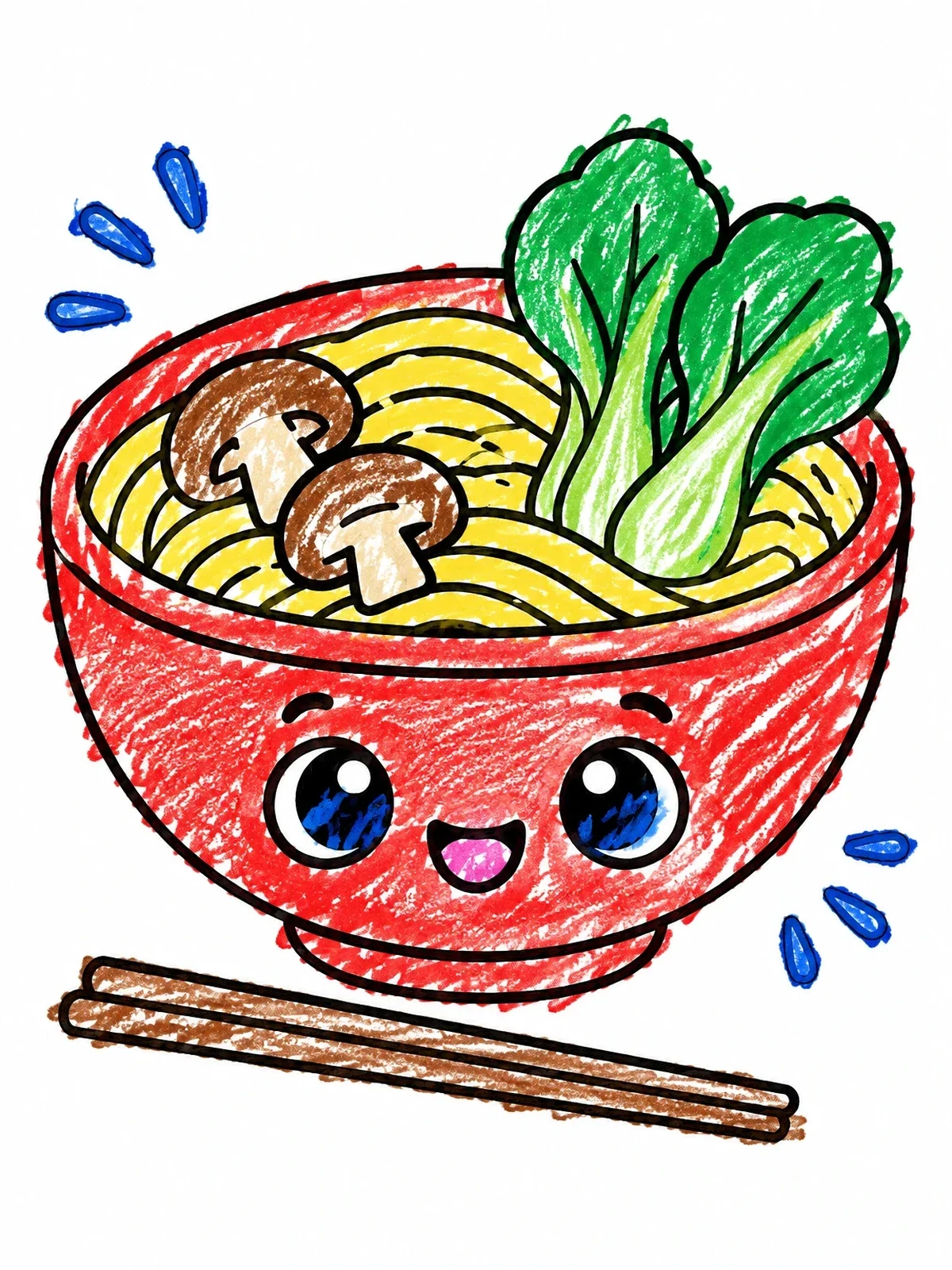 Colored example of the Happy Bowl Of Noodle Soup coloring page
