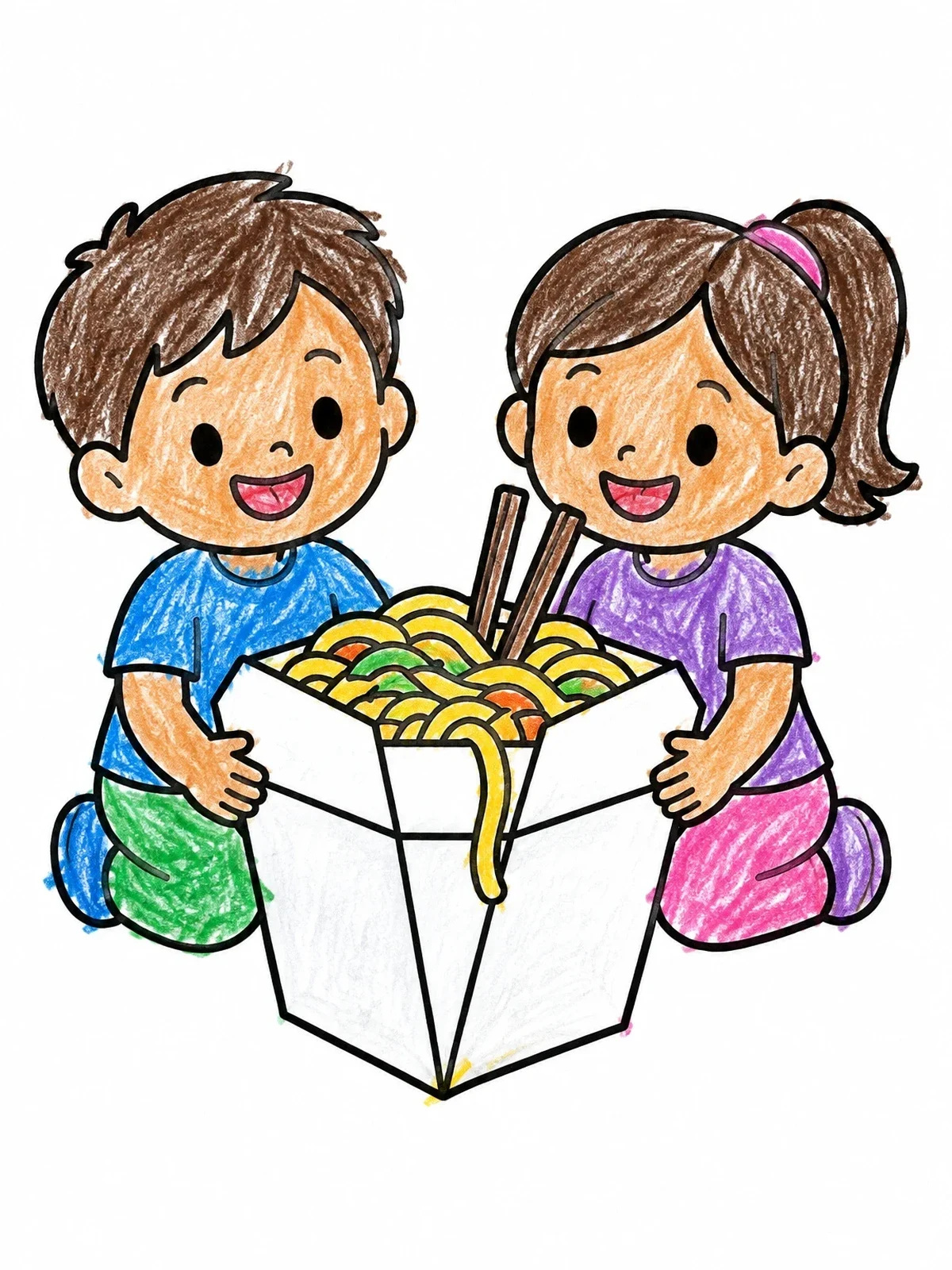 Colored example of the Kids Sharing Chinese Takeout Noodles coloring page
