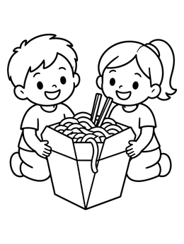 Free printable Kids Sharing Chinese Takeout Noodles coloring page