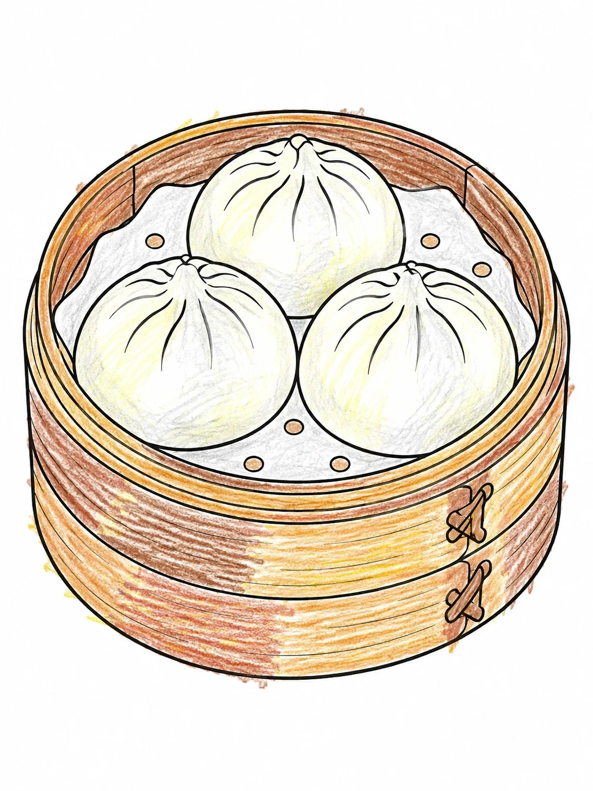 Colored example of the Steamed Buns In Bamboo Steamer coloring page