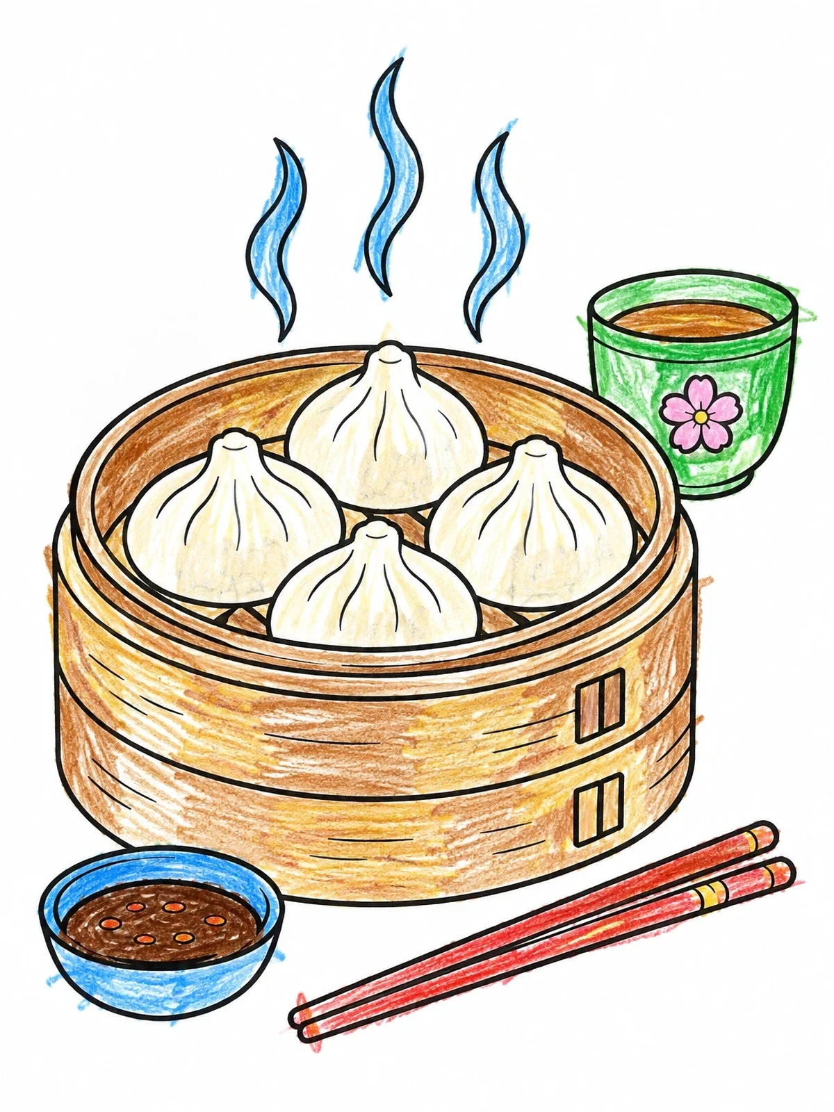 Colored example of the Steaming Dumplings In Bamboo Steamer coloring page