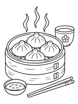 Free printable Steaming Dumplings In Bamboo Steamer coloring page
