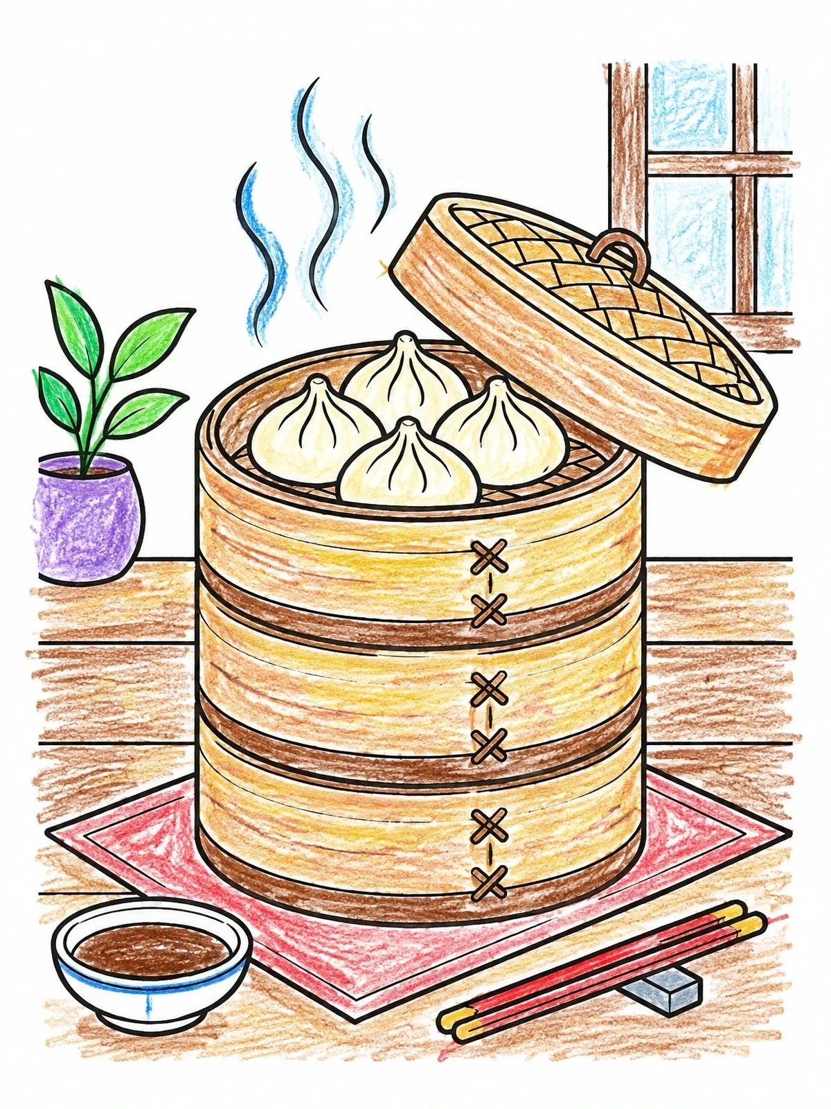 Colored example of the Steaming Dumplings In Bamboo Basket coloring page