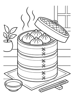 Free printable Steaming Dumplings In Bamboo Basket coloring page