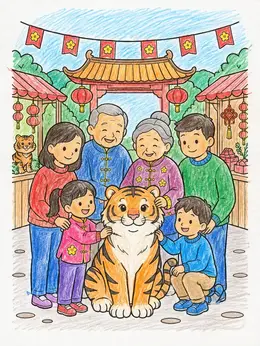 Family Celebrating Chinese New Year Tiger Coloring Page