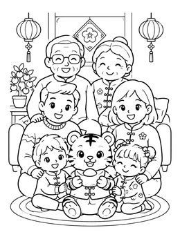 Free printable Family Celebrating Chinese New Year With Tiger coloring page